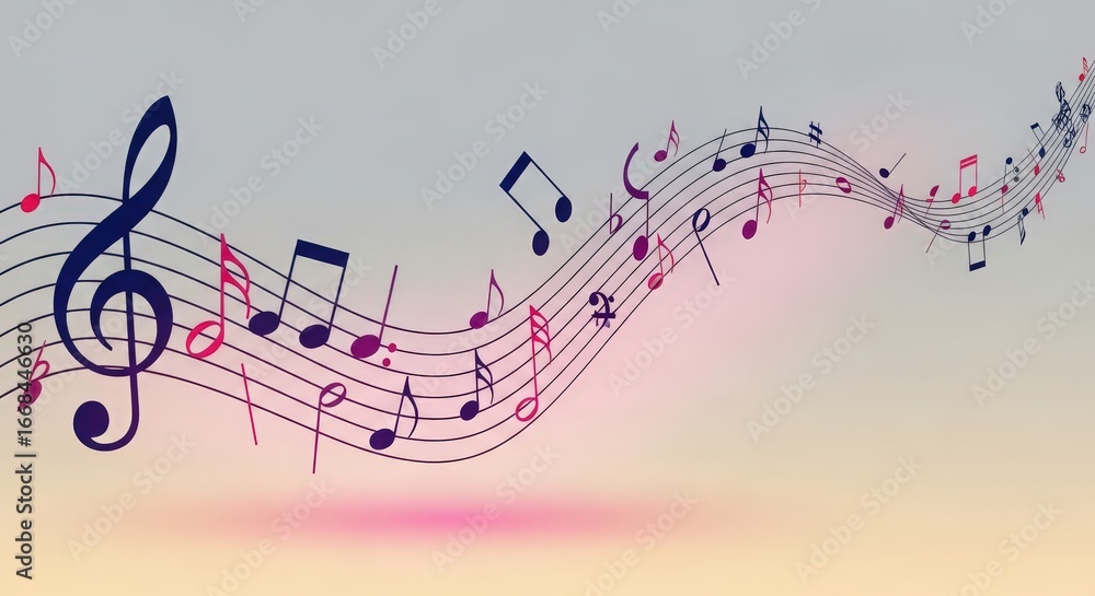 Poster colorful musical notes flowing gracefully across a soft gradient background, creating a serene atmos