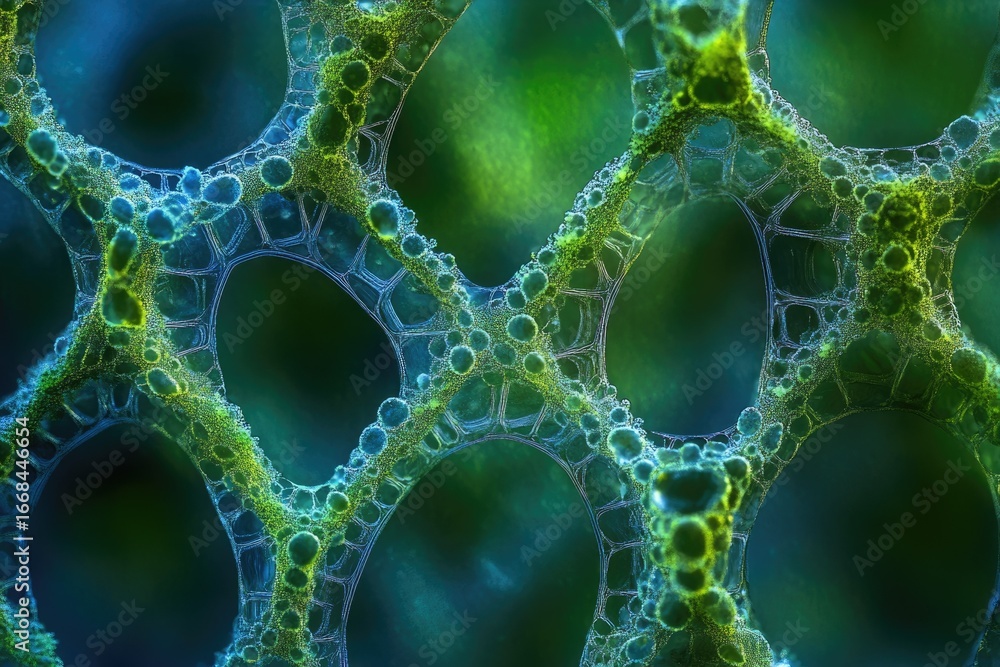 Poster microscopic view of a cellular structure resembling a network of interconnected bubbles with vibrant