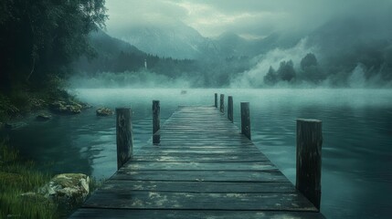 Naklejka premium Serene Misty Lake with Wooden Pier and Mountains in the Background
