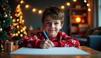 A little boy sits at a table with a pen in his hand and writes a letter to Santa Claus, smiling. Christmas decor in the room, Christmas tree.