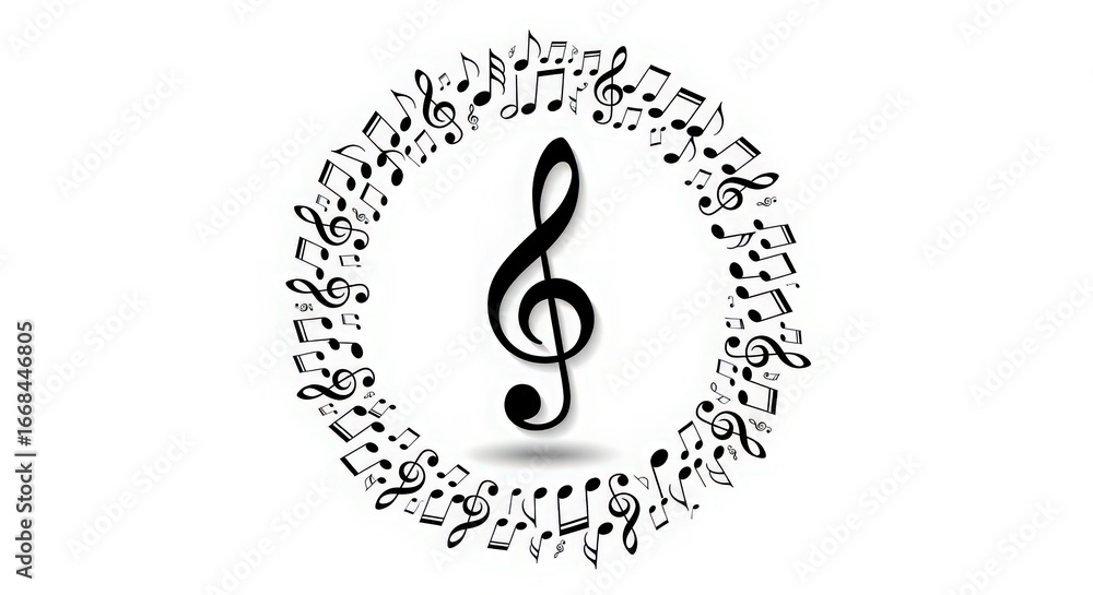 Poster musical notes forming a circular pattern around a central treble clef on a white background