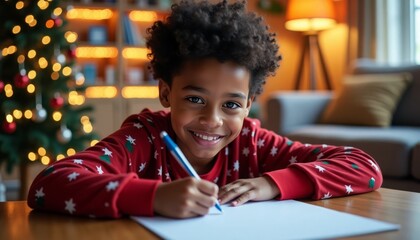 A little boy sits at a table with a pen in his hand and writes a letter to Santa Claus, smiling. Christmas decor in the room, Christmas tree.