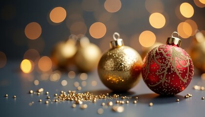 A lot of red Christmas balls are lying under the tree, a garland glows, lights, a gray background with gold sequins, a place for text. Christmas background.