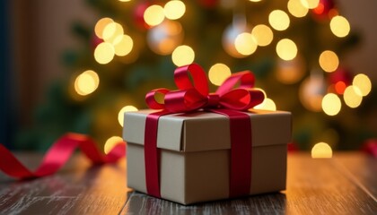 A gift box with a red bow on the background of a Christmas tree with lights, a place for text. 