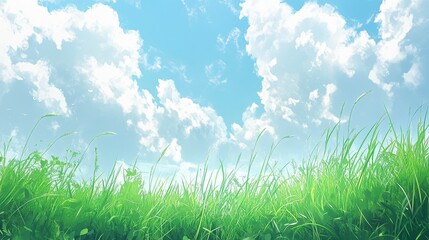 Fototapeta premium Lush Green Grass Under Bright Blue Sky with Fluffy White Clouds