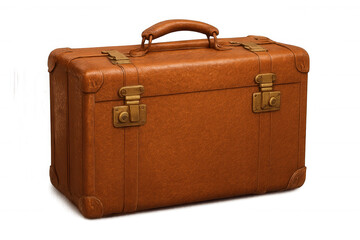 Old brown leather suitcase closed with golden clasps, isolated on transparent background, perfect for travel and adventure concepts