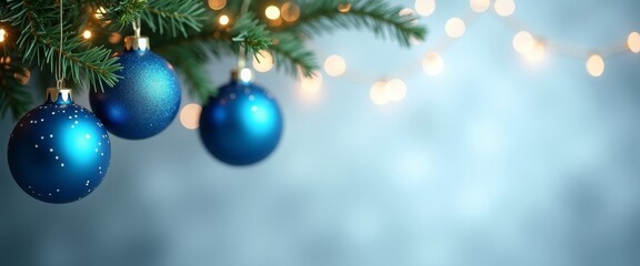 Blue Christmas balls are hanging on a green Christmas tree, a garland is glowing, lights are on, a gray background with gold sequins, a place for text. Christmas background.