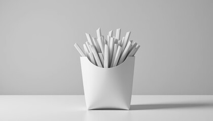  Monochrome Fry Display Black and White Photo of Fries in a White Container, Placed on a Stark White Surface.