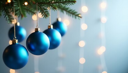 Blue Christmas balls are hanging on a green Christmas tree, a garland is glowing, lights are on, a gray background with gold sequins, a place for text. Christmas background.