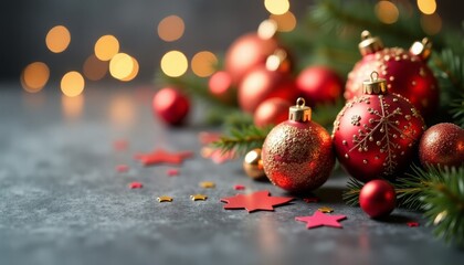 A lot of red Christmas balls are lying under the tree, a garland glows, lights, a gray background with gold sequins, a place for text. Christmas background.