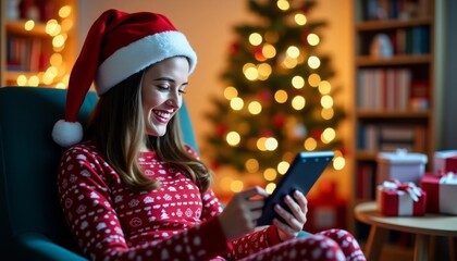A young woman is writing a letter to Santa Claus or congratulating her loved ones, holding a phone or tablet in her hands. Christmas pajamas and Santa's hat sitting in an armchair, Christmas tree, dec