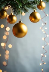 Golden Christmas balls are hanging on a green Christmas tree, a garland is glowing, lights are on, a gray background with golden sequins, a place for text. Christmas background.