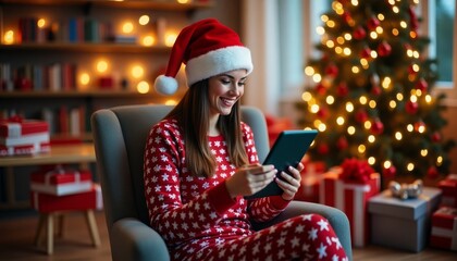 A young woman is writing a letter to Santa Claus or congratulating her loved ones, holding a phone or tablet in her hands. Christmas pajamas and Santa's hat sitting in an armchair, Christmas tree, dec