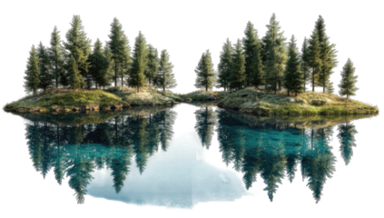 Serene lake with mirrored island forest