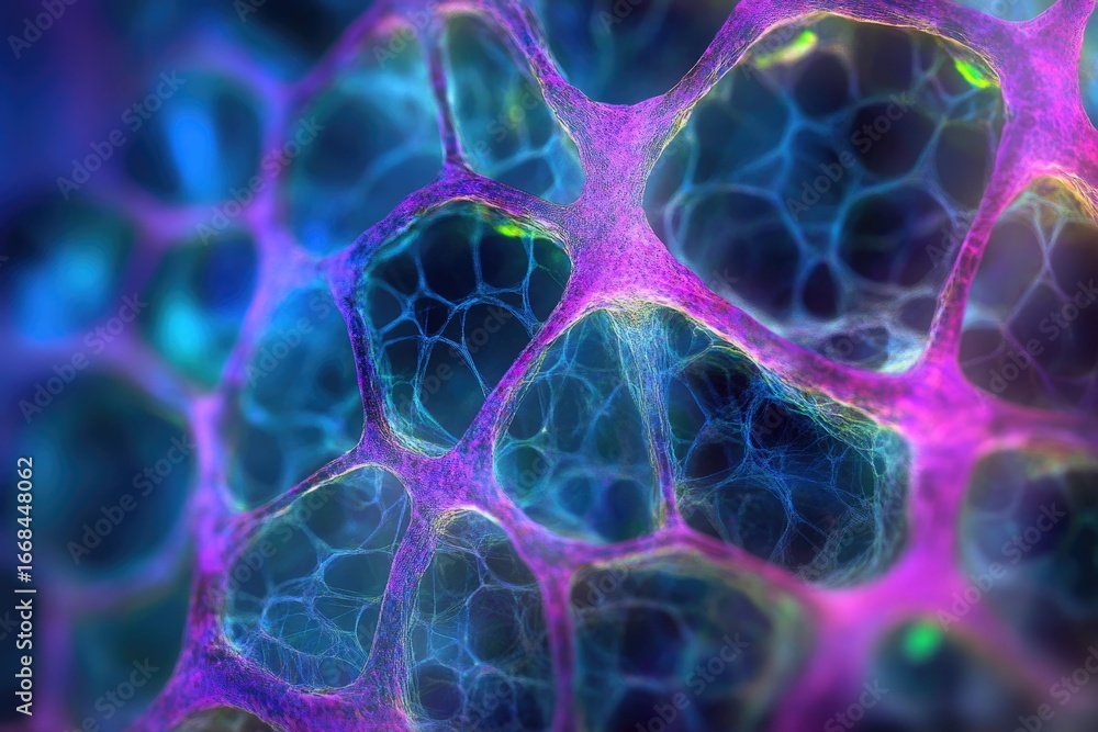Poster microscopic view of a vibrant, interconnected network resembling cellular structures, showcasing int