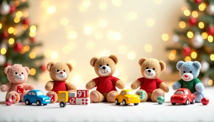 Christmas children's background with teddy bears sitting in the snow with Christmas balls. There are lights on the side in the background. Space for the text.