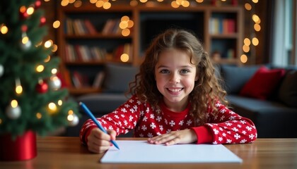 A little girl sits at a table with a pen in her hand and, smiling, writes a letter to Santa Claus. Christmas decor in the room, Christmas tree.