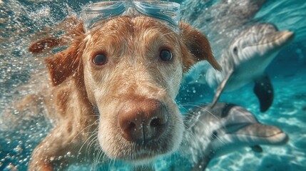 Golden Retriever Dog Swimming Underwater with Dolphins, Wearing Goggles, Close-Up View, Playful Aquatic Adventure, Turquoise Water