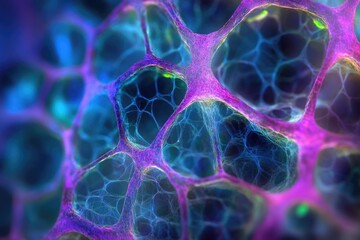 Microscopic view of a vibrant, interconnected network resembling cellular structures, showcasing intricate details and vivid colors.