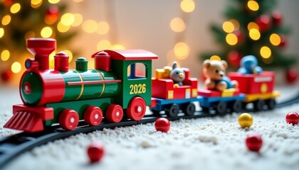 A green children's train on a New Year's background carries teddy bears, cars, and gifts. There is a Christmas background with lights and snow in the background. Space for the text.
