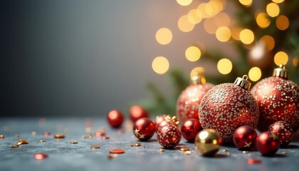 There are red Christmas balls hanging on the green Christmas tree, the garland is glowing, the lights are on, a gray background with gold sparkles, a place for text. Christmas background.