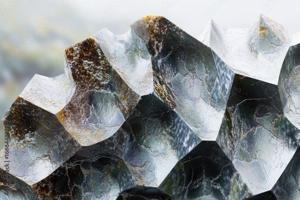 Poster close-up of a crystalline structure with geometric facets and weathered textures, showcasing intrica