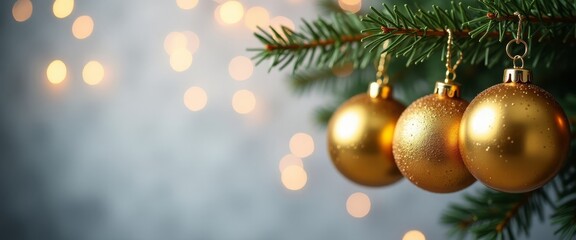 Golden Christmas balls are hanging on a green Christmas tree, a garland is glowing, lights are on, a gray background with golden sequins, a place for text. Christmas background.