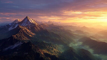 Golden sun illuminates tall mountain peaks while mist gently rests in deep valleys