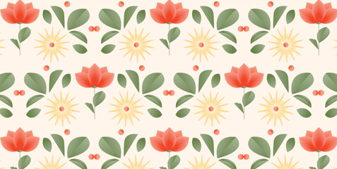 Seamless Pattern with Red Tulips, Yellow Flowers, Green Leaves and Berries. Modern Botanical Flat Style with Symmetrical Arrangement. Decorative Floral Design for Wrapping Paper, Textile, Wallpaper