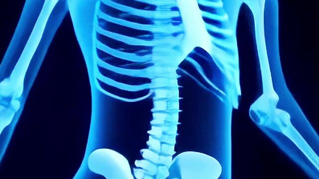 Anatomical Render Showcasing Human Skeleton With Arm, Ribs, And Spine In Blue Hue On A Uniform Field