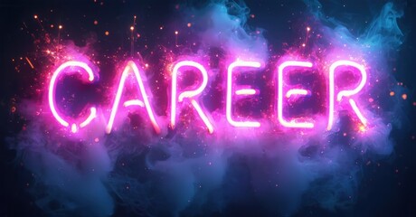 Bright neon sign spells career. Purple smoke surrounds glowing pink lettering. Dramatic lighting creates vibrant visual impact.