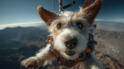 Close-up Portrait of a Jack Russell Terrier Parachuting Over a Mountain Range, Wearing a Harness, Adventure and Extreme Sports Concept