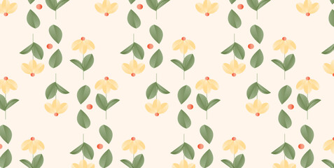 Seamless Pattern with Yellow Flowers, Green Leaves and Red Berries. Modern Flat Botanical Design with Symmetrical Arrangement. Decorative Floral Motifs for Wrapping Paper, Textile, Wallpaper