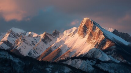 Sunlight paints the vast snowy mountain peaks with warm glowing colors at golden hour