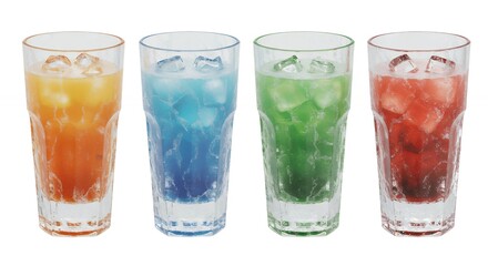 Four colorful drinks in glasses with ice