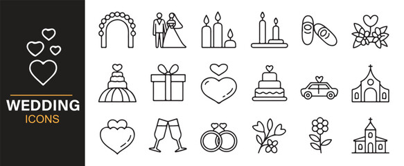 Modern outline wedding icons for graphic design, party planning, and decoration.