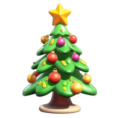 3D cartoon-style Christmas tree adorned with colorful ornaments and topped with a bright yellow star. Ideal for holiday-themed and festive decorations. Isolated on transparent background- png.