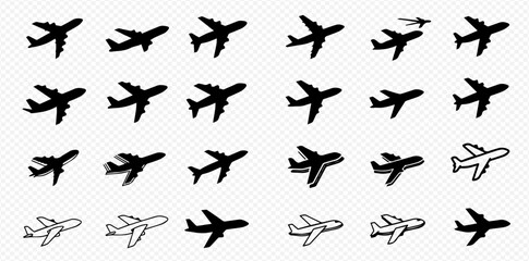 A grid of diverse airplane icons and silhouettes, illustrating different styles of aircraft for aviation and travel concepts.