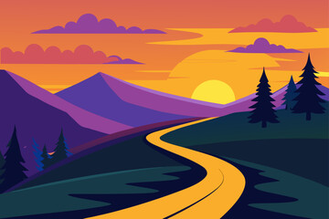 Scenic landscape with road mountains and sunset sky