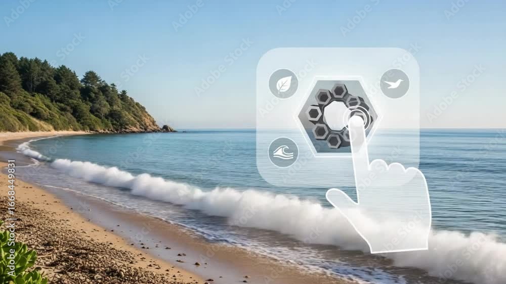 Poster finger touching interface over beach with trees and ocean on a sunny day with blue sky view