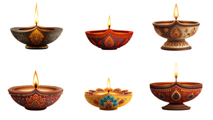 Set of decorative diya lamps with lit flame in honor of Hindu festival Diwali isolated on transparent or white background Diwali festival of lights in India.