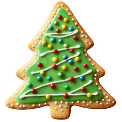 Christmas tree-shaped cookie decorated with green icing and colorful sprinkles- perfect for holiday celebrations. Isolated on transparent background- png.