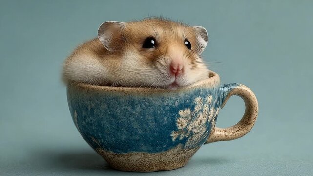 A small hamster rests peacefully nestled within a charming teacup.