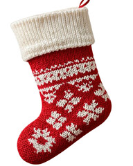 Traditional red and white Christmas stocking with a Fair Isle pattern- perfect for adding a touch of warmth to holiday decor. Isolated on transparent background- png.