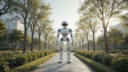 Obraz premium Humanoid Robot Standing in Modern Park Surrounded by Lush Trees and Sunlit Pathway