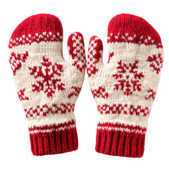 Pair of cozy knitted mittens in red and white- featuring a traditional snowflake pattern- perfect for winter warmth and festive Christmas wear. Isolated on transparent background- png.