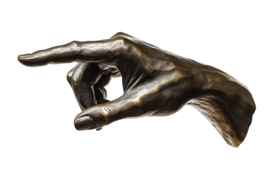 Bronze hand sculpture in a dynamic pointing pose. This detailed artwork captures the texture and form of the human hand- highlighting the expressive gesture. Isolated on transparent background- png.