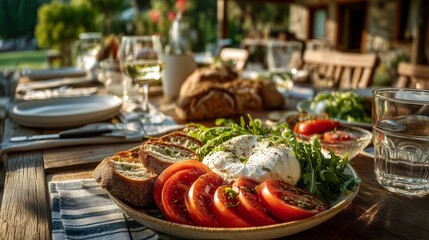 Fresh burrata cheese ripe tomatoes and bread are ready for an inviting outdoor summer lunch