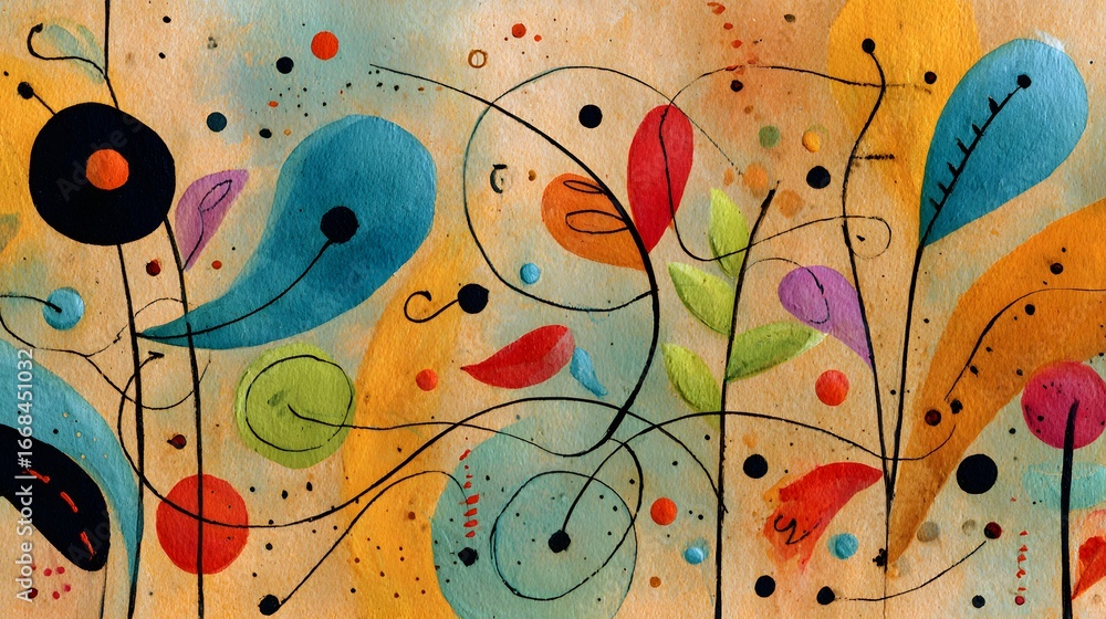 Canvas Prints colorful abstract artwork featuring whimsical shapes and dynamic lines on a textured background
