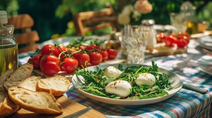 Fresh burrata vibrant tomatoes and crusty bread are beautifully arranged for an outdoor lunch